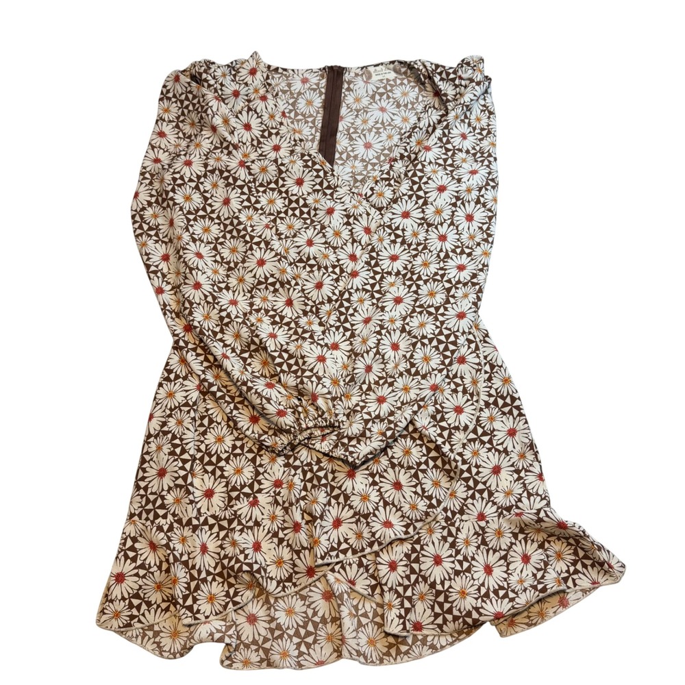 Altar'd State Brown Daisy Floral Wrap Mini Dress Long Sleeve‎ Ruffle Hem Medium